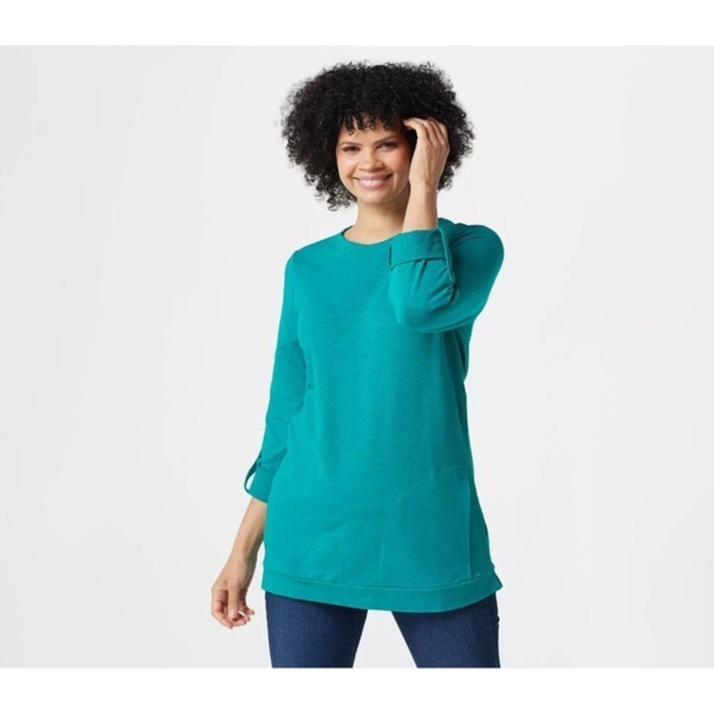 Denim & Co. Active Petite French Terry 3/4-Sleeve Tunic Shirt Top 5XL Jade Green